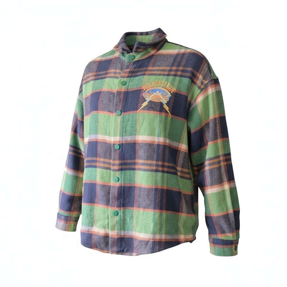 JHYQ Green & Navy Plaid Button-Front Men's Shirt Jacket SZ LARGE